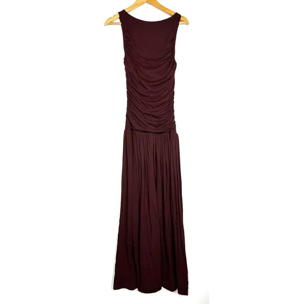 Summer Away Patmos Dress Sleeveless Ruched Drop Waist Maxi Dark Walnut Brown XS - Picture 4 of 8